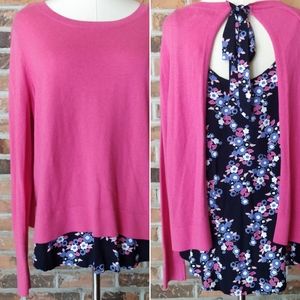 Crown & Ivy Pink/Navy Open Back Faux-Layer Sweater, size missing (XL) B3